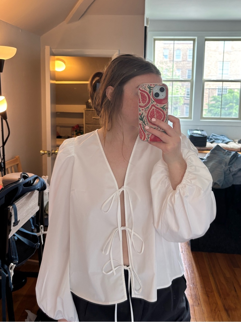 Tie Front White Long Sleeve Blouse